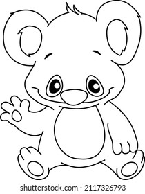 Outlined baby koala sitting and waving, Vector line art illustration coloring page.