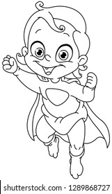 Outlined baby Super hero flying. Vector line art illustration coloring page.