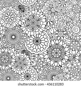 Outlined background design of seamless ornate textile patterns with floral and pinwheel shapes