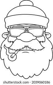 Outlined Bad Santa Claus Face Portrait Cartoon Character With Sunglasses Smoking Cigarette. Vector Hand Drawn Illustration Isolated On Transparent Background