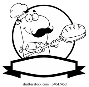 Outlined Baker Holding Bread Over A Circle And Blank Banner