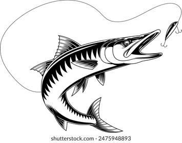 Pescado Barracuda Delineado Atrapando El Diseño gráfico De Señuelo De Pesca. Vector Dibujado A Mano Ilustración Aislado Sobre Fondo Transparente