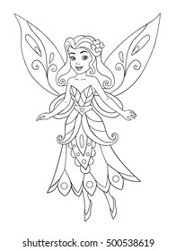 Outlined beautiful doll coloring book  isolated on white background. Vector illustration of cute girl. Fashionable princes fairy with wings. 