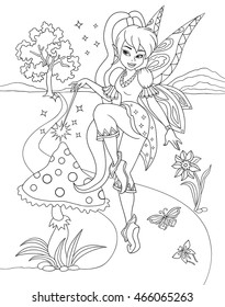 Outlined beautiful fairy isolated on white background. Wood elf with butterflies and mushroom. Vector illustration of girl. Fashionable princes with wings. Coloring book.