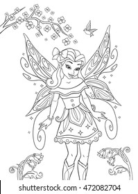 Outlined beautiful fairy isolated on white background. Wood elf with sparkles and flowers. Vector illustration of girl. Fashionable princes with wings and sakura. Coloring book.