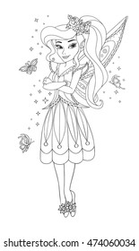 Outlined beautiful fairy isolated on white background. Wood elf with sparkles and butterflies. Vector illustration of girl. Fashionable princes with wings. Coloring book.