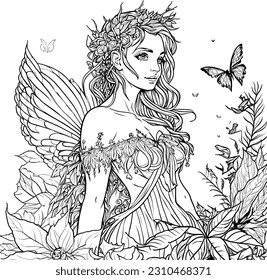 Outlined beautiful fairy with sparkles isolated on white background. Vector illustration of cute girl. Fashionable princes fairy with wings. Coloring book.