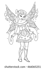 Outlined beautiful fairy with sparkles isolated on white background. Vector illustration of cute girl coloring book. Fashionable princes fairy with wings. 