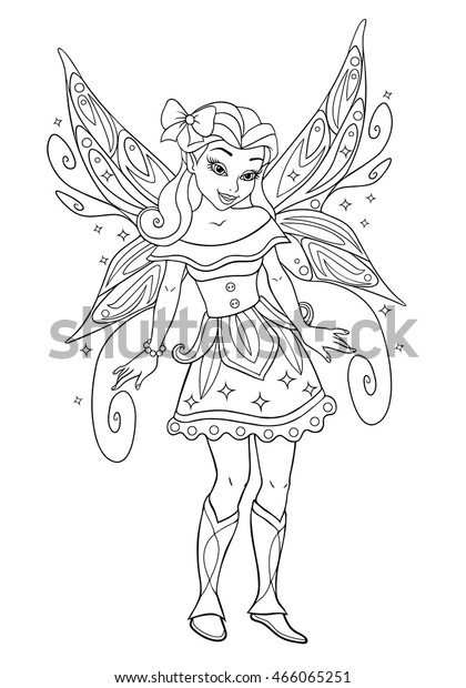 白い背景に美しい妖精とキラキラの輪郭 かわいい女の子の色絵本のベクターイラスト 翼を持つおしゃれな王子様 のベクター画像素材 ロイヤリティフリー