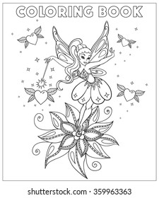 Outlined beautiful fairy with sparkls, magic wand and winged hearts isolated on white background. Vector illustration of cute girl with letters coloringbook. Fashionablel princes fairy with wings. 