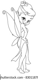 Outlined beautiful fairy. Vector line art illustration coloring page.