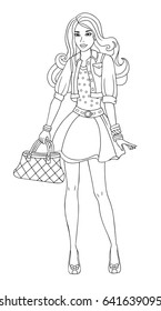 Outlined beautiful fashion woman with shopping bag isolated on white background. Vector illustration of cute girl. Coloring book. Fashionable princes.