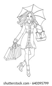 Outlined beautiful fashion woman  with umbrella and shopping bags isolated on white background. Vector illustration of cute girl. Coloring book. Fashionable princes.