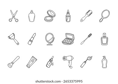 Outlined beauty icons including scissors lotion powder brush lipstick mirror roller mascara perfume hair