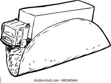 Outlined beef taco and tractor trailer truck for fun with words cartoon
