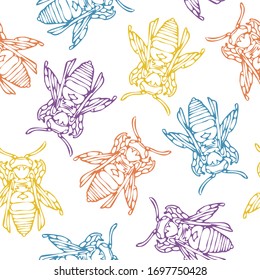 Outlined bees of mute blue, yellow, lilac, red colors. Seamless pattern on white background. Hand drawn vector illustration. Stained glass vintage style. For fashion fabric, textile, all over print.