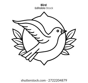 An outlined bird illustration with wings spread, surrounded by leaves, offering a clean design.