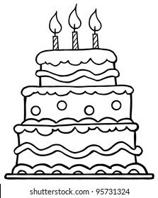 Outlined Birthday Cake With Three Candles.Vector Illustration