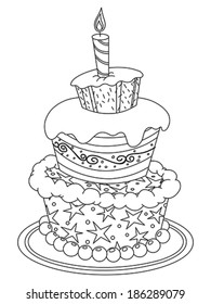 Outlined Birthday Cake. Vector Line Art Illustration Coloring Page