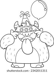 Outlined Birthday Monster Cartoon Character Making A Funny Face. Vector Hand Drawn Illustration Isolated On Transparent Background