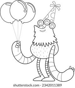 Outlined Birthday Monster Cartoon Character With A Party Hat Holding A Balloons. Vector Hand Drawn Illustration Isolated On Transparent Background