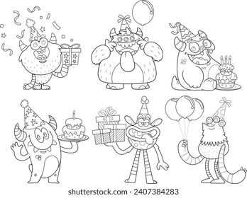 Outlined Birthday Monsters Cartoon Characters. Vector Hand Drawn Collection Set Isolated On Transparent Background