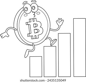 Outlined Bitcoin Cartoon Character Running Over Growth Bar Graph. Vector Hand Drawn Illustration Isolated On Transparent Background