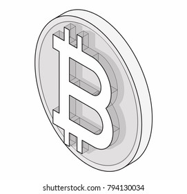 Outlined bitcoin coin mark, isometric. Modern symbol, cryptocurrency, minimalist stylization. Graphic icon of virtual digital currency, internet investing. Cloud mining brand, electronic money.