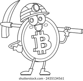 Outlined Bitcoin Miner Cartoon Character Holding Pickaxe. Vector Hand Drawn Illustration Isolated On Transparent Background