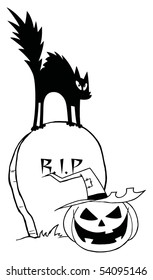 Outlined  Black Cat And Jack O Lantern On A Tombstone