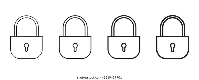 Outlined black isolated illustration of private protected lock 3 variations. Vector icon in flat style