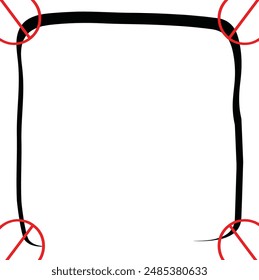 Outlined black square with red circles and lines suitable for design elements, background, warning signs, icons, infographics, social media posts.