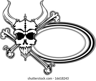 outlined black and white horned beast with crossed bones and text oval vector illustration border