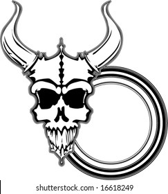 outlined black and white horned beast skull with circle for text vector illustration