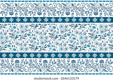 projeto de borda floral azul com padrão botânico sem costura e ilustrações pétalas lineares para arquivos prontos para impressão

