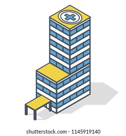 Outlined blue medical isometric building illustration. Blue and yellow pharmacy pictogram, clinic hospital. Flatten isolated master vector