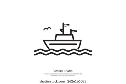 Barco delineado está navegando em água ondulada, coberto com bandeiras, acompanhado por um pássaro voador, deitado contra um pano de fundo transparente. Desenho simples.