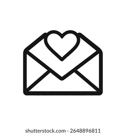 Outlined in bold black, this vector shows an opened envelope sealed with a heart, conveying concepts of love, communication, and heartfelt connection. Isolated on white background.