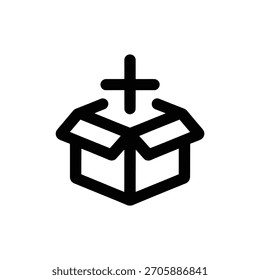 Icono de cuadro delineado con un signo más arriba, que denota la carga o adición de elementos, estilo transparente. Diseño limpio y minimalista.