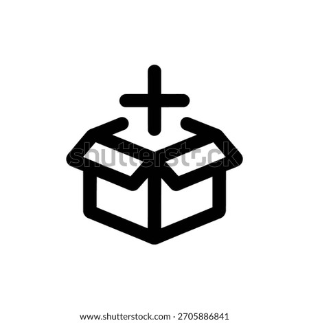 Outlined box icon with a plus sign above, denoting uploading or adding items, transparent style. Clean, minimalist design.