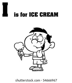 Outlined Boy Eating Ice Cream With I Is For Ice Cream Text