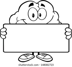 Outlined Brain Cartoon Character Holding A Banner