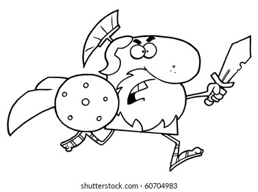 Outlined Brave Gladiator Knight Running With A Shield And Sword