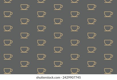 Outlined brown coffee or tea cups seamless vector pattern on grey background