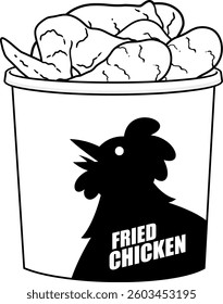 Outlined Bucket of Fried Chicken Pieces with Logo. Vector Hand Drawn Illustration Isolated On Transparent Background