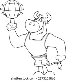 Outlined Bull Basketball Player Cartoon Character Spinning A Basketball On His Finger. Vector Hand Drawn Illustration Isolated On White Background