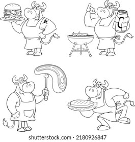 Outlined Bull Cartoon Mascot Character Different Poses. Vector Hand Drawn Collection Set Isolated On White Background
