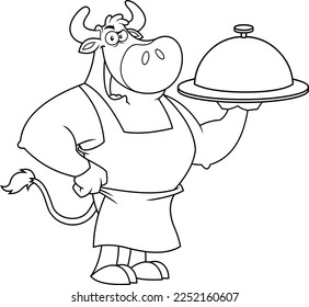 Outlined Bull Chef Cartoon Mascot Character Holding A Silver Platter. Vector Hand Drawn Illustration Isolated On Transparent Background