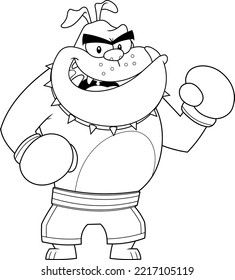 Outlined Bulldog Cartoon Character Boxer Ready To Fight. Vector Hand Drawn Illustration Isolated On Transparent Background