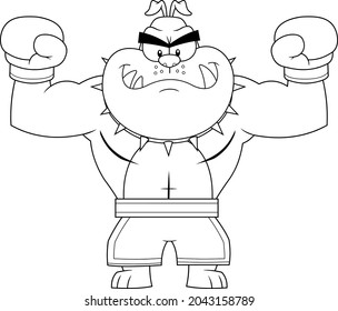 Outlined Bulldog Cartoon Character Boxing Champion In Boxing Shorts Wearing Boxing Gloves. Vector Hand Drawn Illustration Isolated On Transparent Background